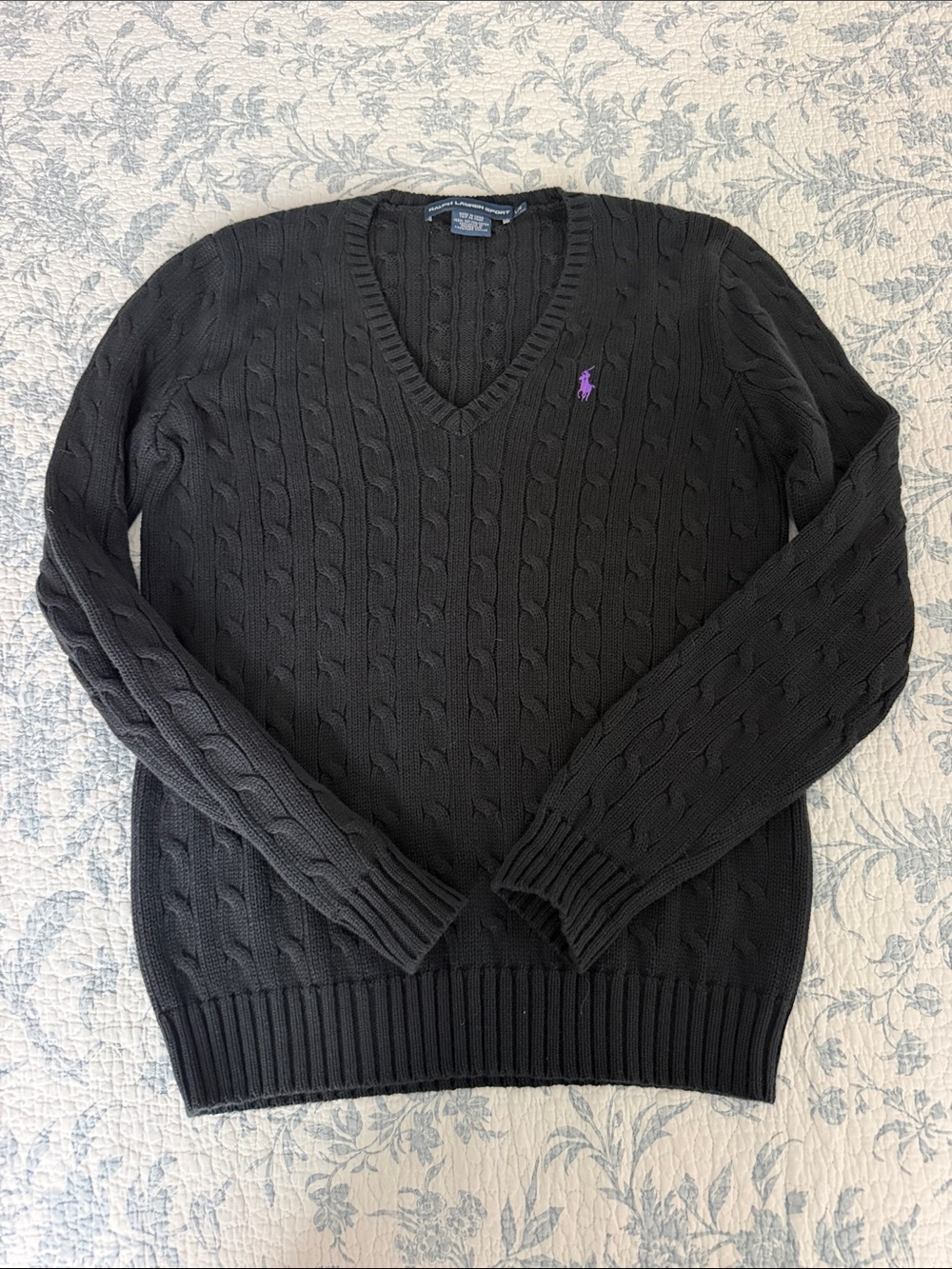 Ralph Lauren Black Cable-Knit V-Neck Sweater with Purple Polo Logo